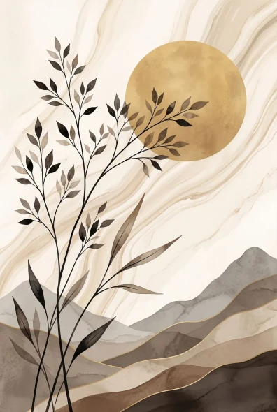 Golden Solitude Botanical (PRT-15697-127365) - Canvas Art Print - 40in X 60in
