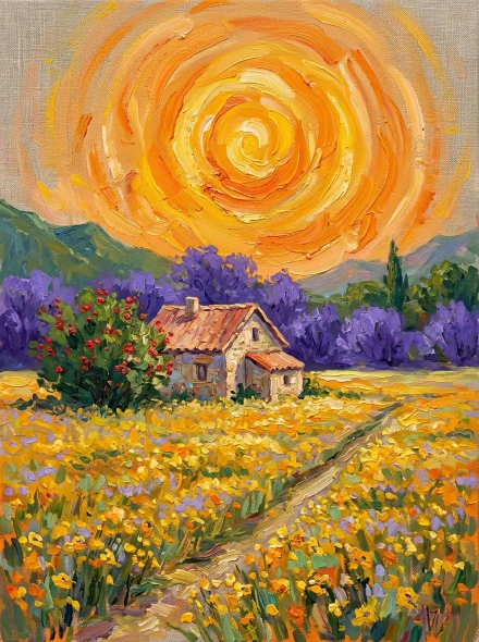 Cottage Beneath A Fiery Sky (PRT-15697-127048) - Canvas Art Print - 45in X 60in