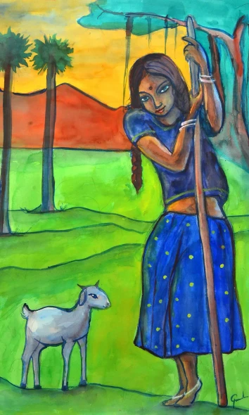 GIRL WITH GOAT (ART-6373-127308) - Handpainted Art Painting - 18in X 30in
