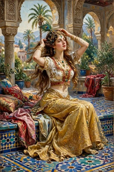 Vintage Handmade Canvas Print Of Princess Of The Moorish Terrace (PRT-18995-126618) - Canvas Art Print - 32in X 48in