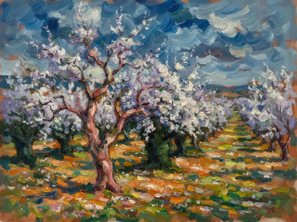 Blossoming Orchard Under Stormy Skies (PRT-15697-127133) - Canvas Art Print - 60in X 45in