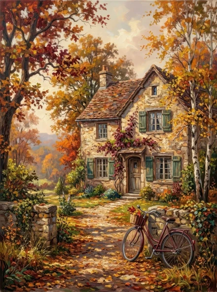 Stone Cottage Fall Path (PRT-15697-126789) - Canvas Art Print - 45in X 60in