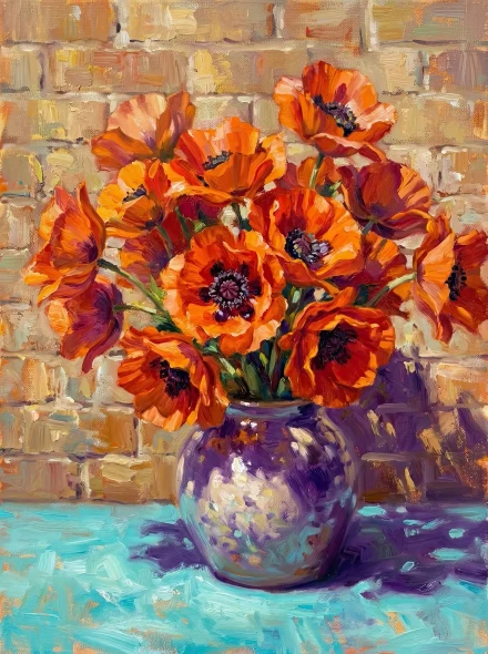 Sunlit Poppies On Turquoise (PRT-15697-127087) - Canvas Art Print - 45in X 60in
