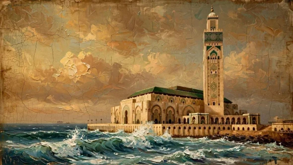 Handmade Vintage Acrylic Canvas Print Of Hassan II Mosque Casablanca (PRT-18995-126630) - Canvas Art Print - 42in X 24in