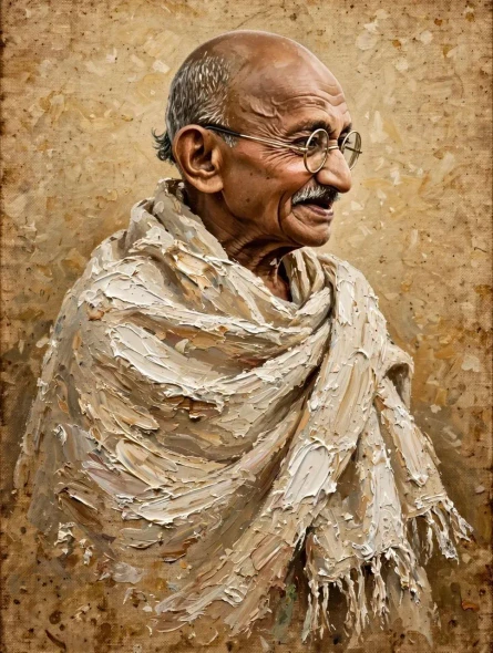 Handmade Acrylic Vintage Canvas Painting Of Mahatma Gandhi - Peaceful Leader Side Profile Portrait (PRT-18995-126625) - Canvas Art Print - 36in X 48in