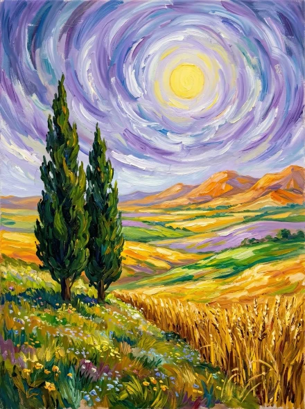 Cypress Pair Over Golden Valley (PRT-15697-127049) - Canvas Art Print - 45in X 60in
