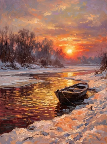 Frost And Fire At River's Edge (PRT-15697-126777) - Canvas Art Print - 45in X 60in