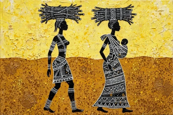 Vintage Tribal Handmade Canvas Print Of Carriers Of Home - African Tribal Folk Art (PRT-18995-126622) - Canvas Art Print - 48in X 32in