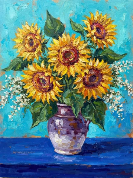 Sunflowers In Turquoise (PRT-15697-127009) - Canvas Art Print - 45in X 60in