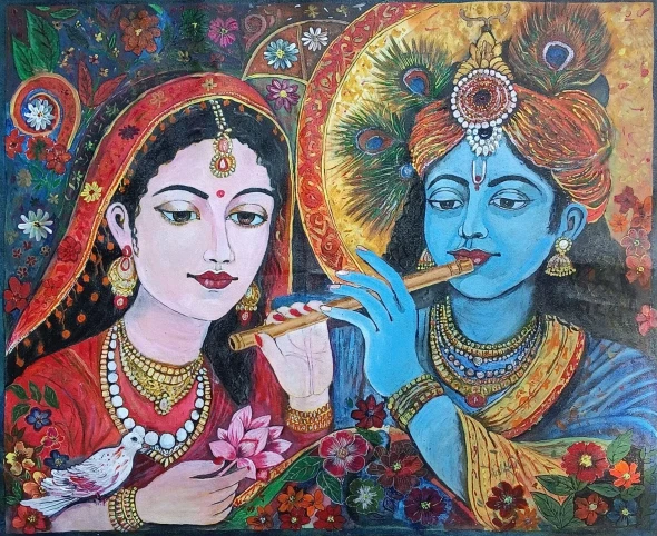 Divine Love Of Radha And Krishna (ART-19128-127291) - Handpainted Art Painting - 33in X 28in