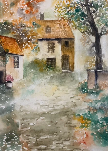 Morning Mist And Cottages (PRT-8841-127730) - Canvas Art Print - 17in X 24in