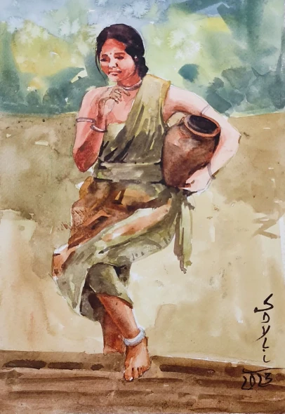 Woman (ART-7901-127736) - Handpainted Art Painting - 8in X 12in
