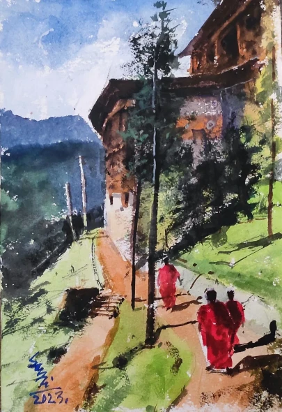 Monk (ART-7901-127732) - Handpainted Art Painting - 8in X 11in