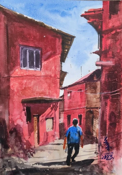 Red Building (ART-7901-127725) - Handpainted Art Painting - 8in X 12in