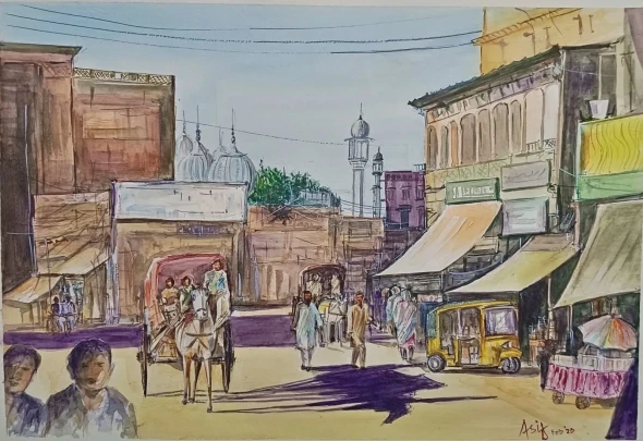 The Old City Street (ART-17504-127713) - Handpainted Art Painting - 17in X 11in