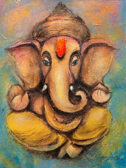 Ganesha (ART-3512-127711) - Handpainted Art Painting - 9in X 12in