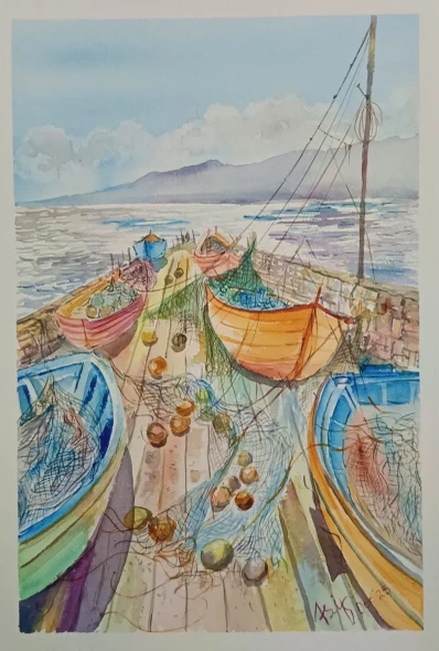 Rest After The Catch (ART-17504-127708) - Handpainted Art Painting - 11in X 17in
