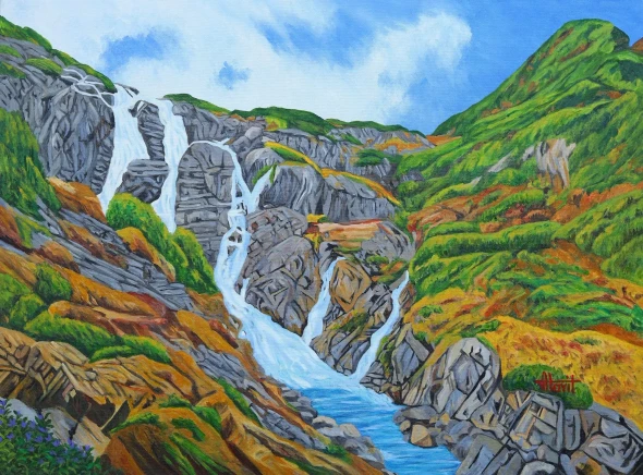 Siklawa Waterfall, Poland (ART-2948-127773) - Handpainted Art Painting - 32in X 24in