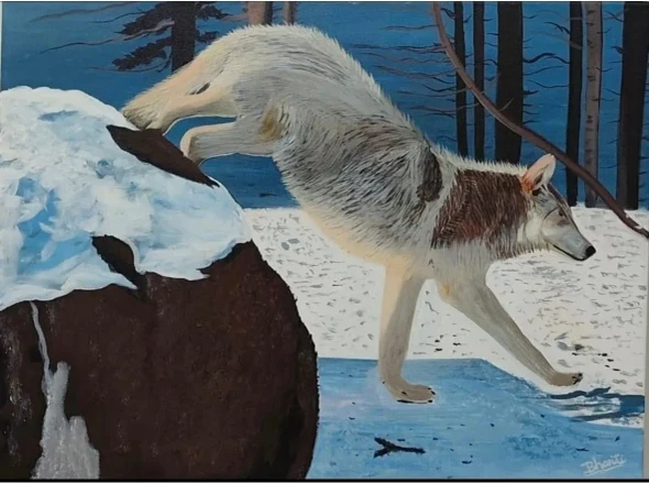 A Wolf In Snow (ART-19266-127784) - Handpainted Art Painting - 24in X 18in