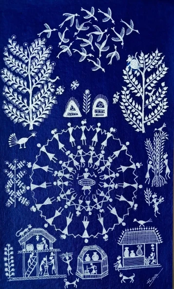 ANCIENT WARLI ARTS ON HAND MADE PAPER (ART-2050-127810) - Handpainted Art Painting - 8in X 12in