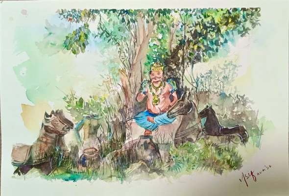Ayyanar (ART-17504-127814) - Handpainted Art Painting - 15in X 10in