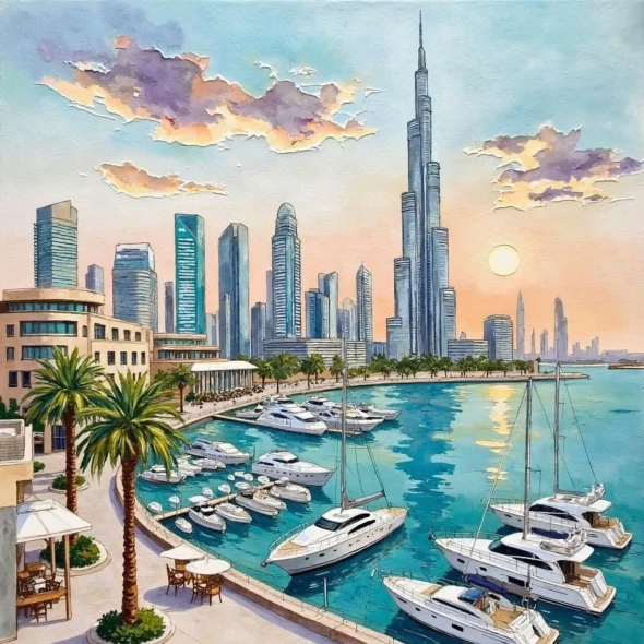 Dubai Marina Sunset – Watercolour Skyline And Luxury Yacht Harbour (PRT-8429-127808) - Canvas Art Print - 18in X 18in