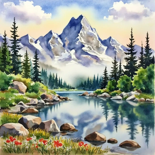 Majestic Alpine Lake Watercolour – Snow-Capped Mountains And Evergreen Forest (PRT-8429-127809) - Canvas Art Print - 18in X 18in
