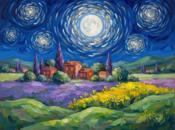 Moonlit Nocturne Over Pastoral Hills (PRT-15697-127122) - Canvas Art Print - 60in X 45in