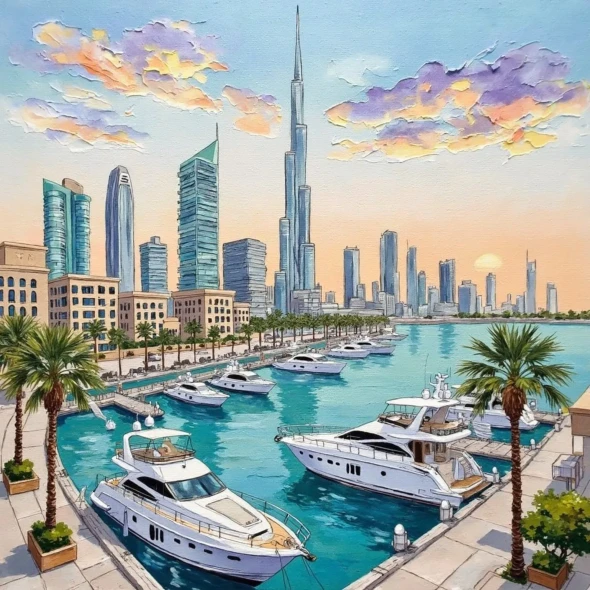 Dubai Marina At Golden Hour – Watercolour Skyline With Luxury Yachts (PRT-8429-127830) - Canvas Art Print - 18in X 18in