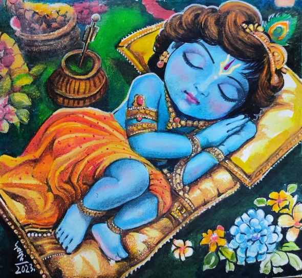 Little Krishna (ART-7901-128186) - Handpainted Art Painting - 11in X 10in