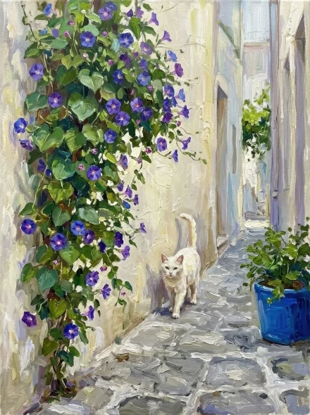 Sunlit Alleyway And White Cat (PRT-15697-126765) - Canvas Art Print - 45in X 60in