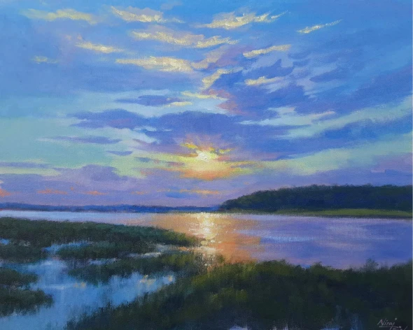 Serene Golden River Sunset Landscape Painting (ART-4815-128466) - Handpainted Art Painting - 20in X 16in