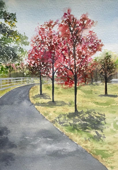 Pathway To Home In Autumn (ART-8841-128397) - Handpainted Art Painting - 8in X 11in