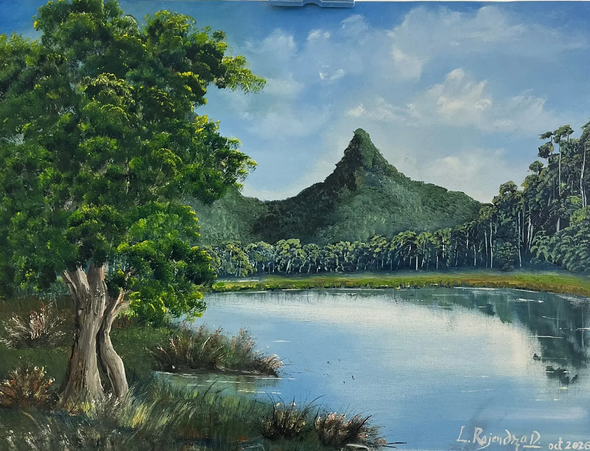 Green Mountains And The River With Big Tree (ART-7855-128286) - Handpainted Art Painting - 24in X 18in