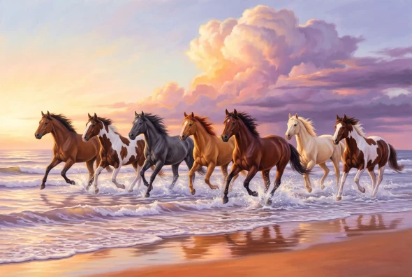 Galloping Through Golden Surf (PRT-15697-128420) - Canvas Art Print - 60in X 40in
