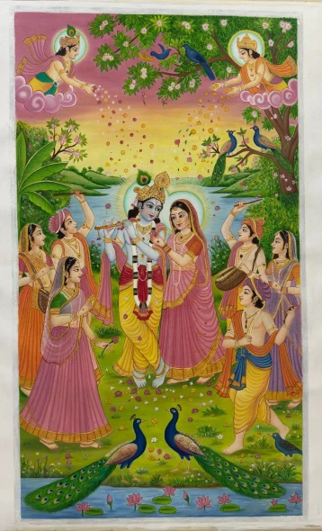 Radha Krishna Painting Krishna’s Leela Hand Made Oil Painting (ART-19299-128491) - Handpainted Art Painting - 29in X 50in
