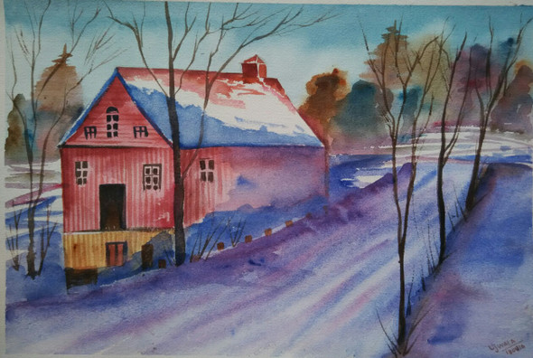Snow house (ART_1243_11582) - Handpainted Art Painting - 20in X 14in