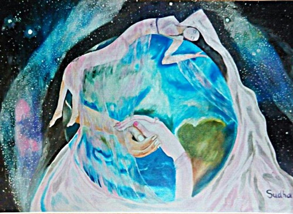 Base of whole  world- Man and women (ART_1454_11956) - Handpainted Art Painting - 26in X 38in