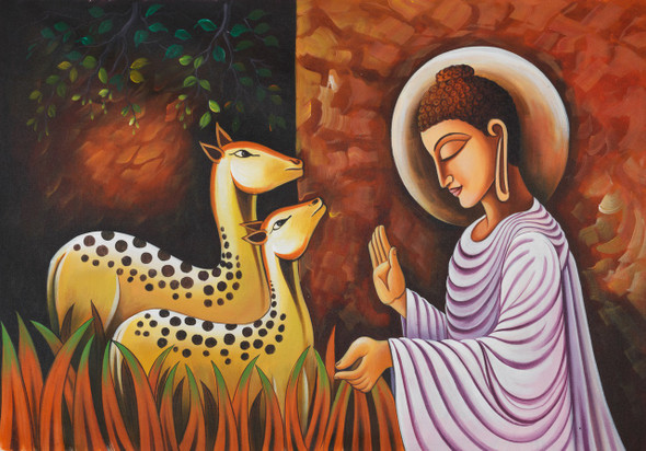 buddha with deers, buddha deers, deers buddha, buddha,Buddha with Two Deers,ART_1523_12255,Artist : Community Artists Group,Acrylic