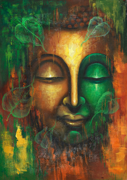 buddha with leaves, peaceful buddha, calm buddha, spa paintings,Calm Peaceful Buddha with Floating Leaves,FR_1523_12288,Artist : Community Artists Group,Acrylic