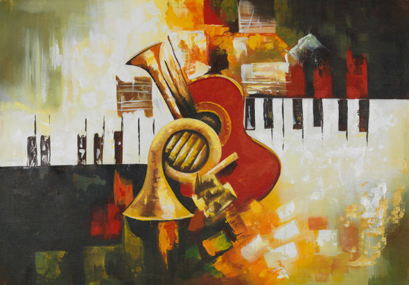 Guitar paintings,sax paintings,sax with guitar paintings,Musical instrument paintings,Music paintings,Sax with Guitar,FR_1523_12369,Artist : Community Artists Group,Acrylic