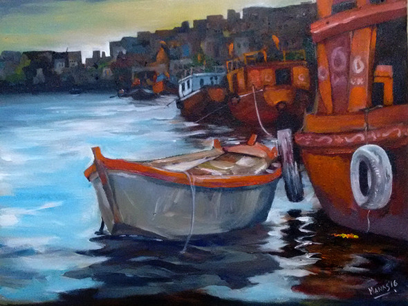 MorningLight@Varanasi (ART_1024_13213) - Handpainted Art Painting - 16in X 12in