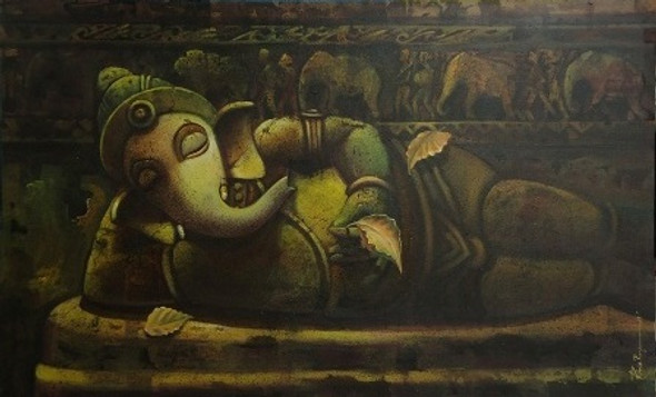 Ganpati 16 (ART_836_7073) - Handpainted Art Painting - 48in X 30in