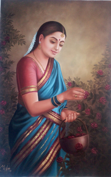 Rajasthani Lady in Garden (ART_1090_14417) - Handpainted Art Painting - 23in X 36in