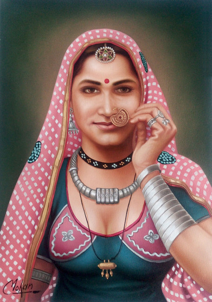 Rajasthani Lady (ART_1090_14416) - Handpainted Art Painting - 17in X 23in