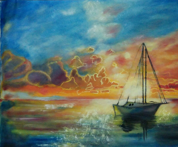 Ocean's Sunset (ART_1718_14348) - Handpainted Art Painting - 20in X 16in