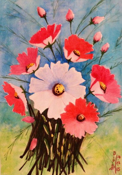 Cosmos Flowers 2 (ART_259_7926) - Handpainted Art Painting - 8in X 12in