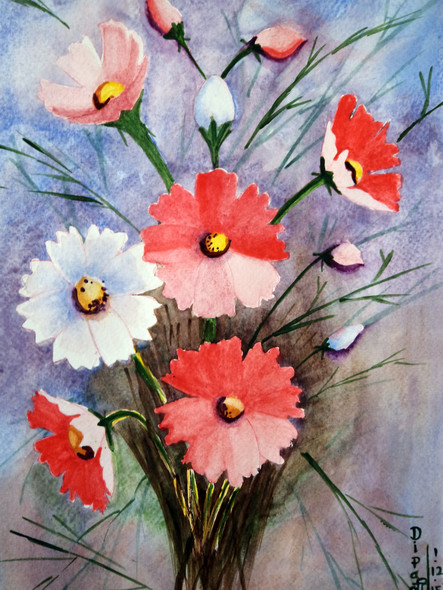 Cosmos Flowers 1 (ART_259_7925) - Handpainted Art Painting - 8in X 12in