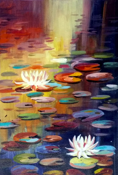 Lotus and Pond (ART_1232_15711) - Handpainted Art Painting - 10in X 16in