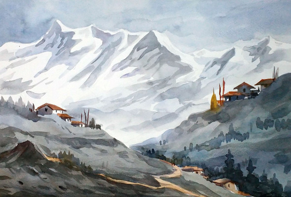 Majestic Himalayan Landscape (ART_1232_15762) - Handpainted Art Painting - 14in X 10in